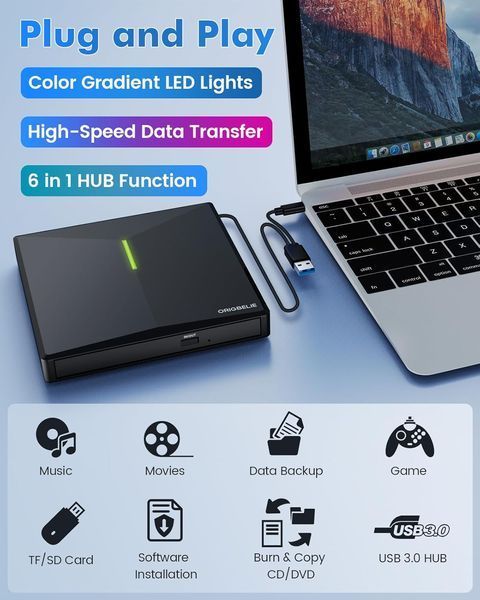 Зовнішній CD/DVD-привід з 4 портами USB та 2 слотами для карт TF/SD ORIGBELIE