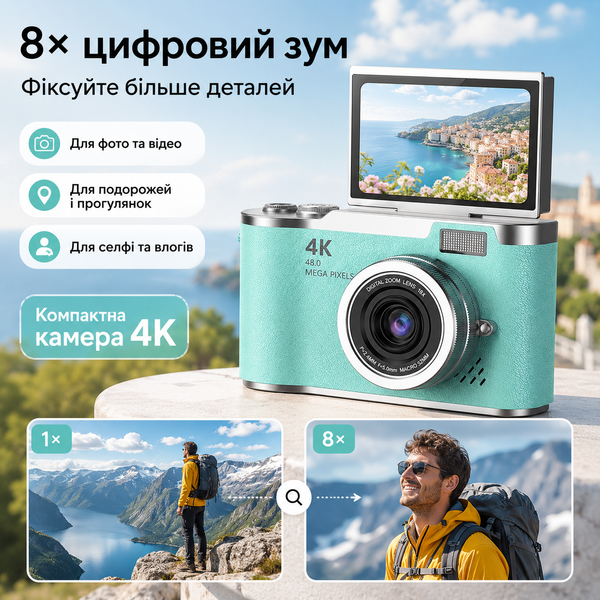 Цифрова камера Flip HD 4K з відкидним екраном 2,4" для фото та відеозйомки фото
