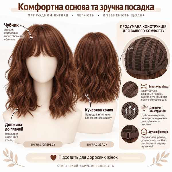Коричнева кучерява перука середньої довжини з чубчиком