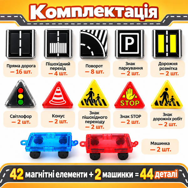 Дитячий магнітний конструктор з будівельними блоками та доріжками (44 шт.)