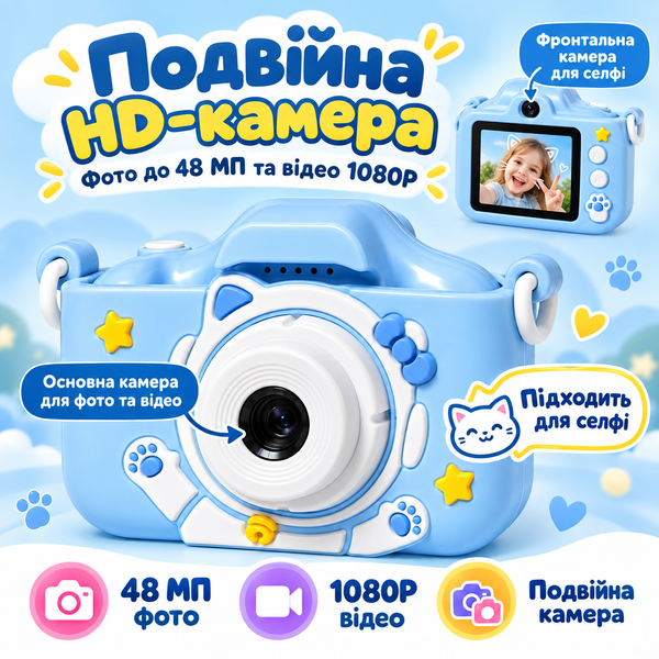 Портативна дитяча камера 48MP з дизайном котика