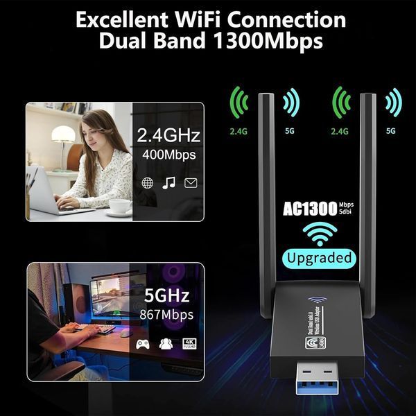 Бездротовий WiFi адаптер 1300 Мбіт/с Wodgreat фото