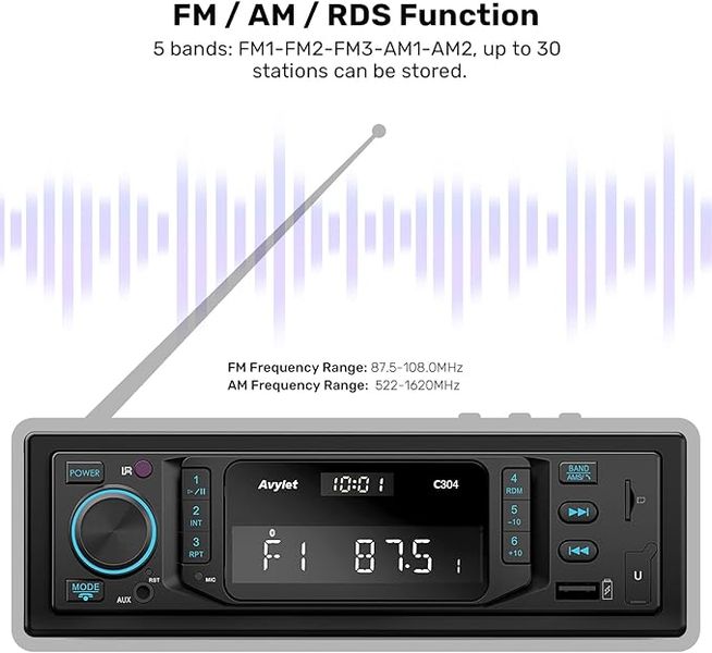 Автомобільний радіоприймач Avylet C304 RDS Bluetooth 5.0 Handsfree, дзвінки та годинник