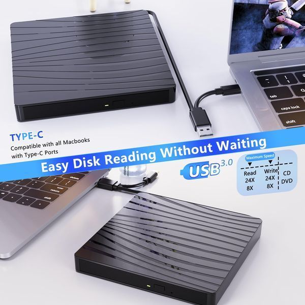 Зовнішній CD/DVD-привід QDSYLQ для ноутбука USB 3.0 та Type-C