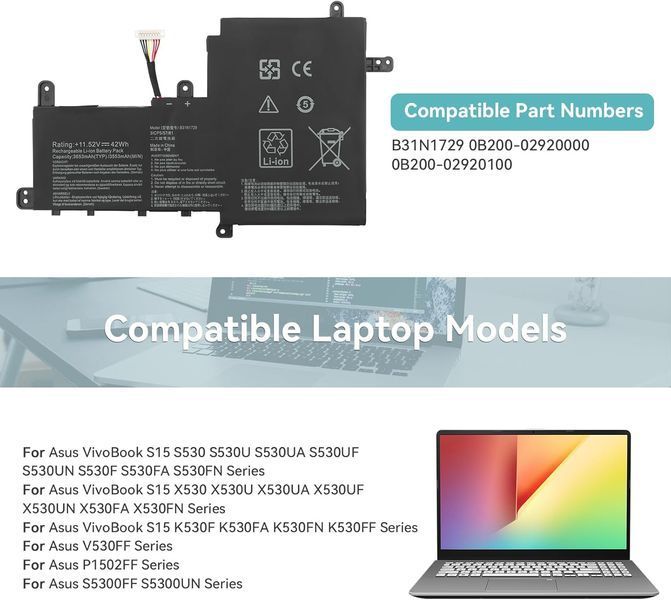 Аккумулятор B31N1729 для ноутбуков Asus фото