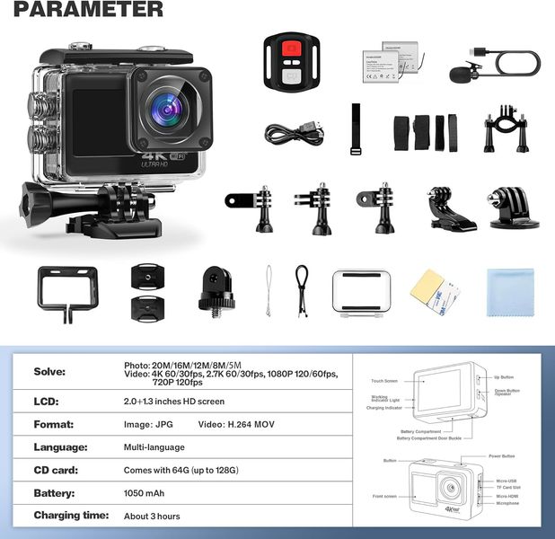 Экшн-камера 4K, спортивная водонепроницаемая видеокамера EIS 2.0 Wi-Fi с сенсорным экраном