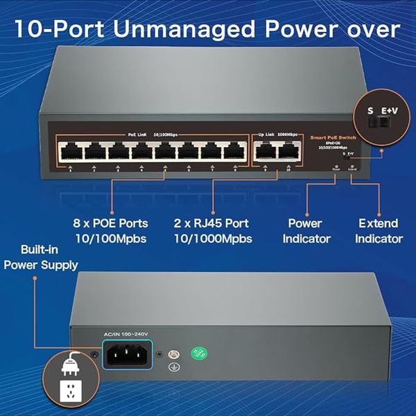 10-портовый коммутатор PoE Davuaz с 8 портами POE+ и 2 портами Gigabit Uplink фото