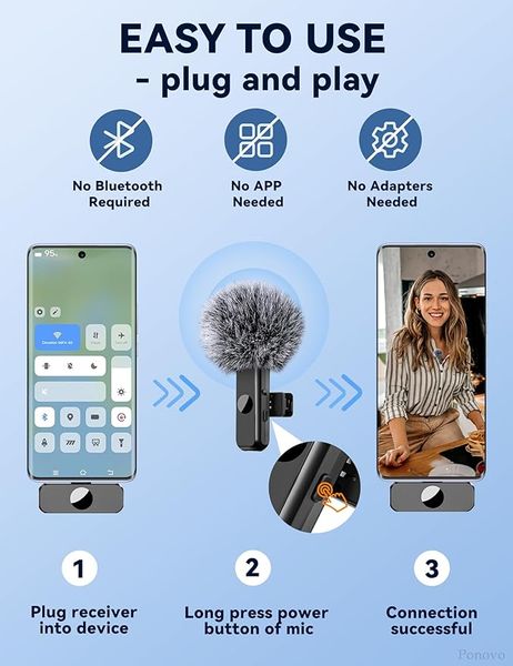 Петличний мікрофон Ponovo K19 для Android, бездротовий, сумісний з iPhone 15 (USB-C) фото