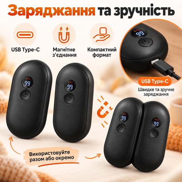 Аккумуляторные грелки для рук с магнитным креплением (2 шт.)