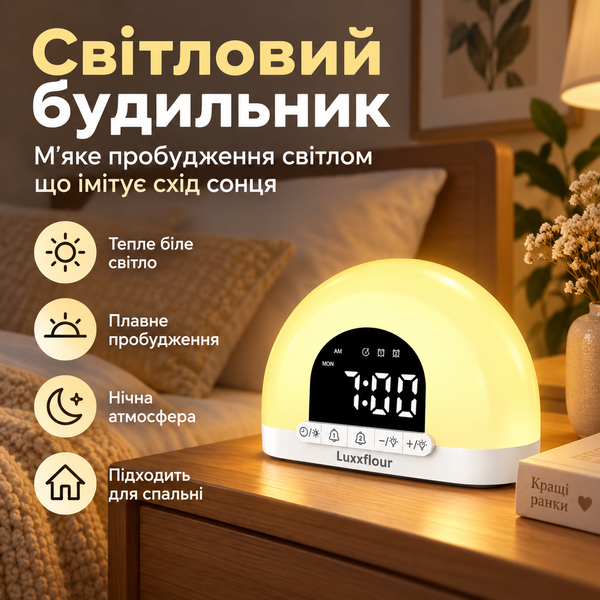 Настільний будильник з функцією світлового пробудження та подвійним будильником фото