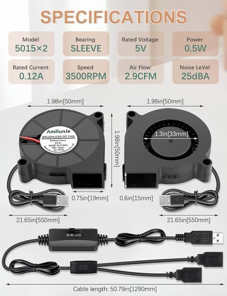 Мини вентилятор 5V 50 мм x 15 мм для электроники AmRunJe фото
