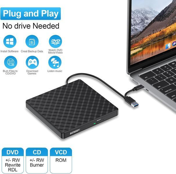 Зовнішній CD/DVD привід/записувач USB 3.0 з портативним CD/DVD-приводом Type-C та DVD/CD-зчитувачем фото