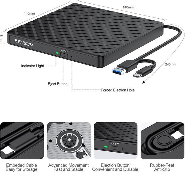 Зовнішній CD/DVD привід/записувач USB 3.0 з портативним CD/DVD-приводом Type-C та DVD/CD-зчитувачем фото
