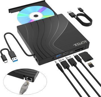 Зовнішній DVD-привід AGPTEK Slim USB 3.0 CD-DVD записувач з Ethernet-адаптером фото