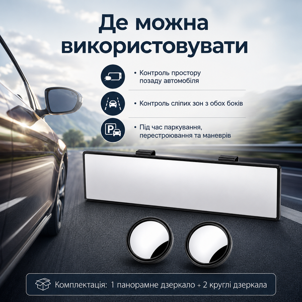 Набір автомобільних дзеркал панорамне та для сліпих зон (комплект 3 шт.)