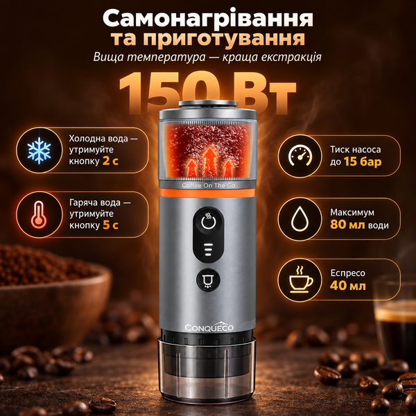 Портативная кофемашина с USB-C зарядкой и аккумулятором 13500 мАч