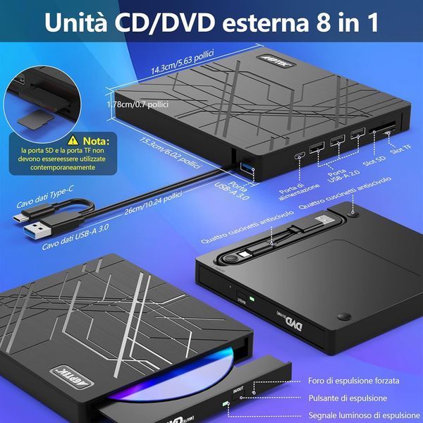 Зовнішній DVD-привід AGPTEK Slim USB 3.0 CD-DVD записувач з Ethernet-адаптером фото