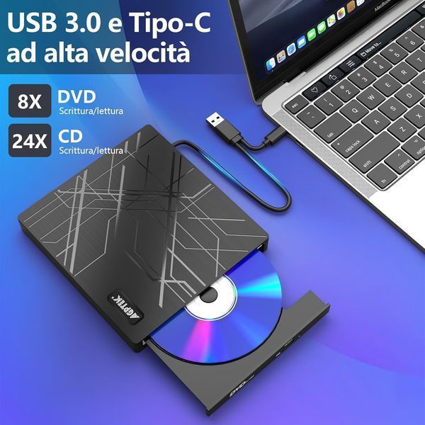 Зовнішній DVD-привід AGPTEK Slim USB 3.0 CD-DVD записувач з Ethernet-адаптером фото
