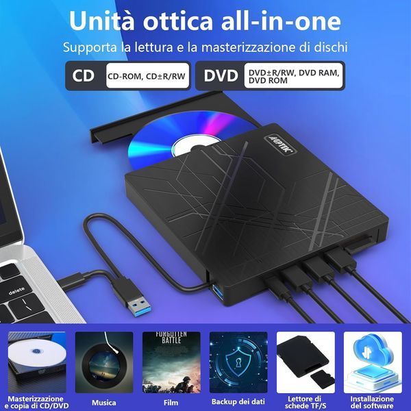 Зовнішній DVD-привід AGPTEK Slim USB 3.0 CD-DVD записувач з Ethernet-адаптером фото