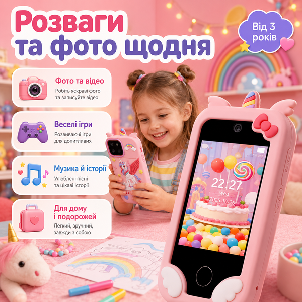 Дитячий інтерактивний телефон з двома камерами, музикою, історіями та 40 іграми